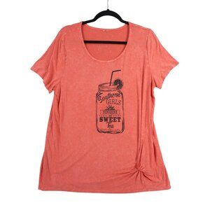 Southern Girls Graphic Coral T-Shirt With Knot Detail Scoop Neck Short Sleeve Li